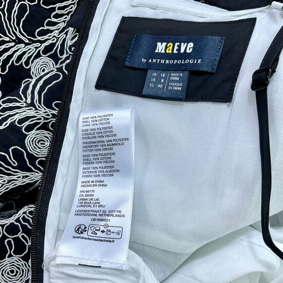 Anthropologie Maeve Dress Midi Strapless Embroidered Black White Floral (8) - Picture 9 of 12